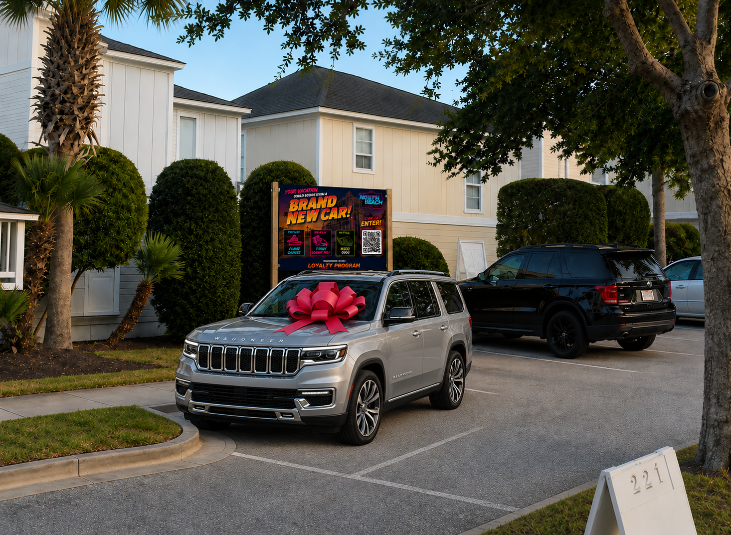 Silver Wagoneer with a pink-red gift bow at a North Beach promotional display
